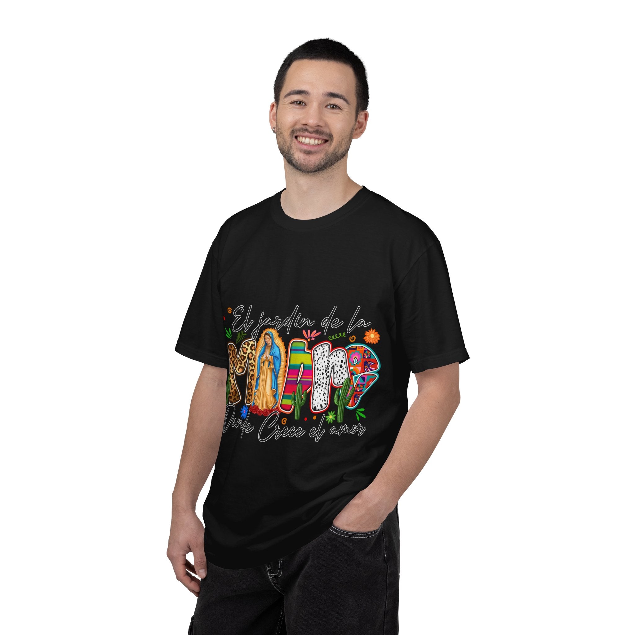 T-Shirt — "El jardín de la MAMÁ: Donde Crece el Amor" Floral &amp; Virgen de Guadalupe Design