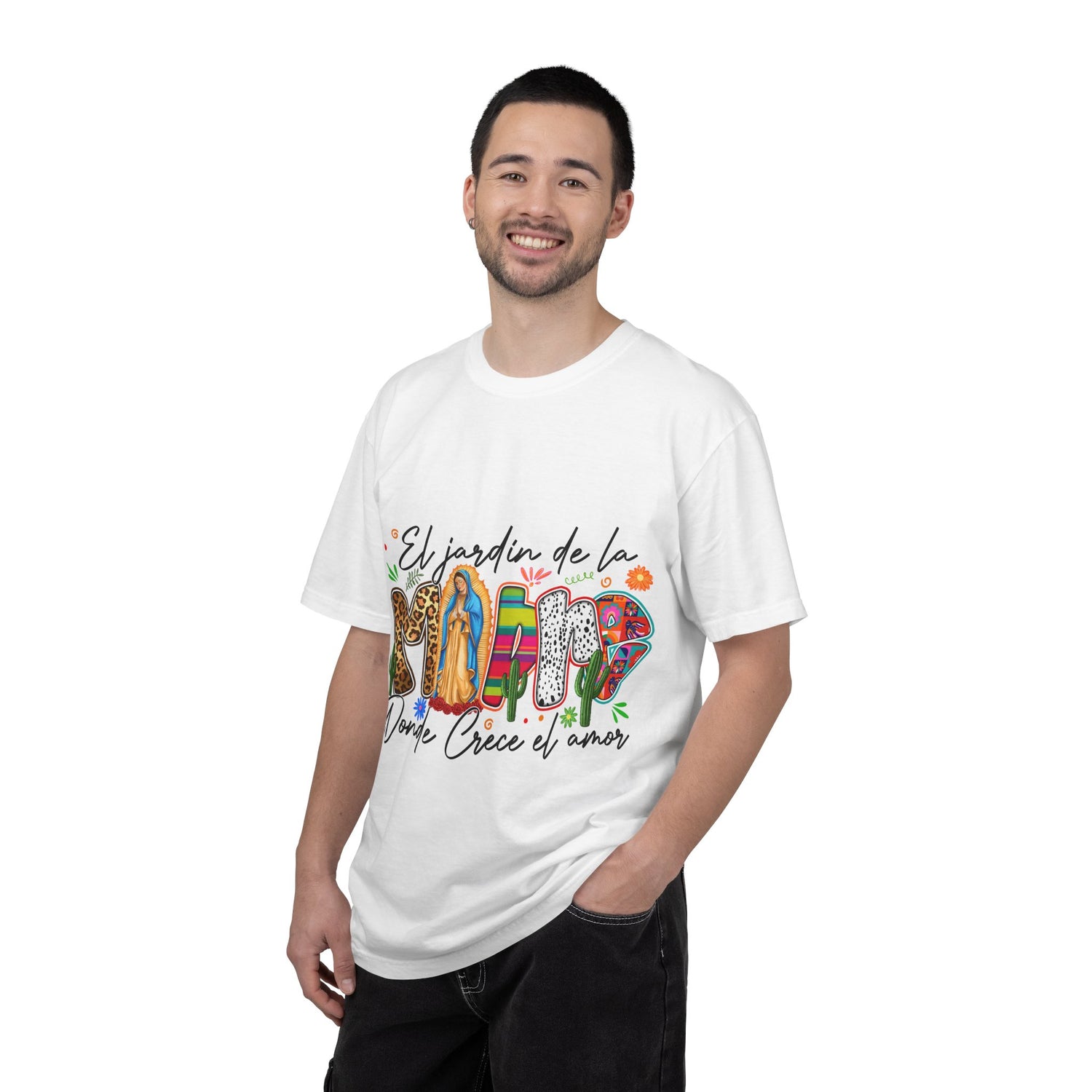 T-Shirt — "El jardín de la MAMÁ: Donde Crece el Amor" Floral &amp; Virgen de Guadalupe Design