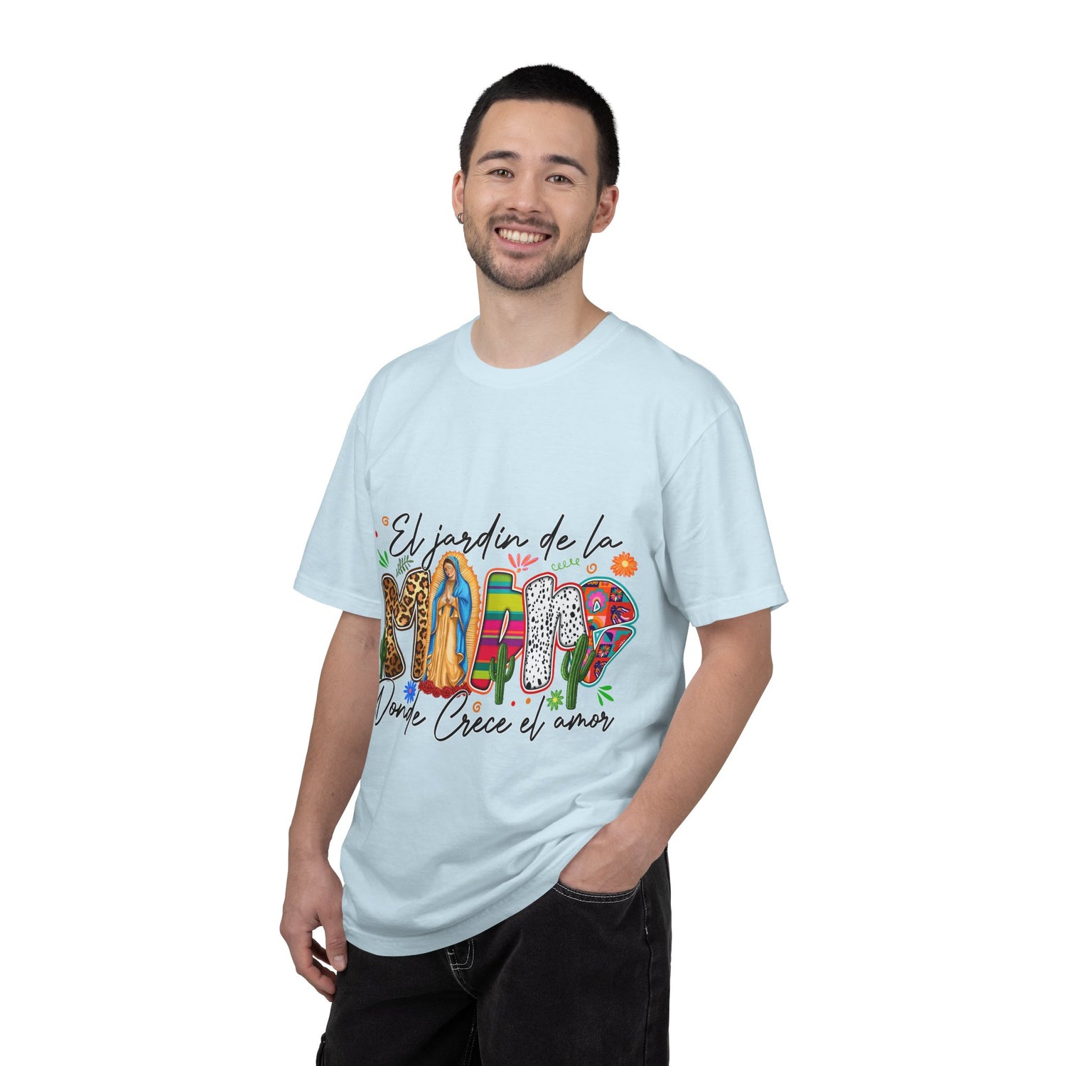 T-Shirt — "El jardín de la MAMÁ: Donde Crece el Amor" Floral &amp; Virgen de Guadalupe Design
