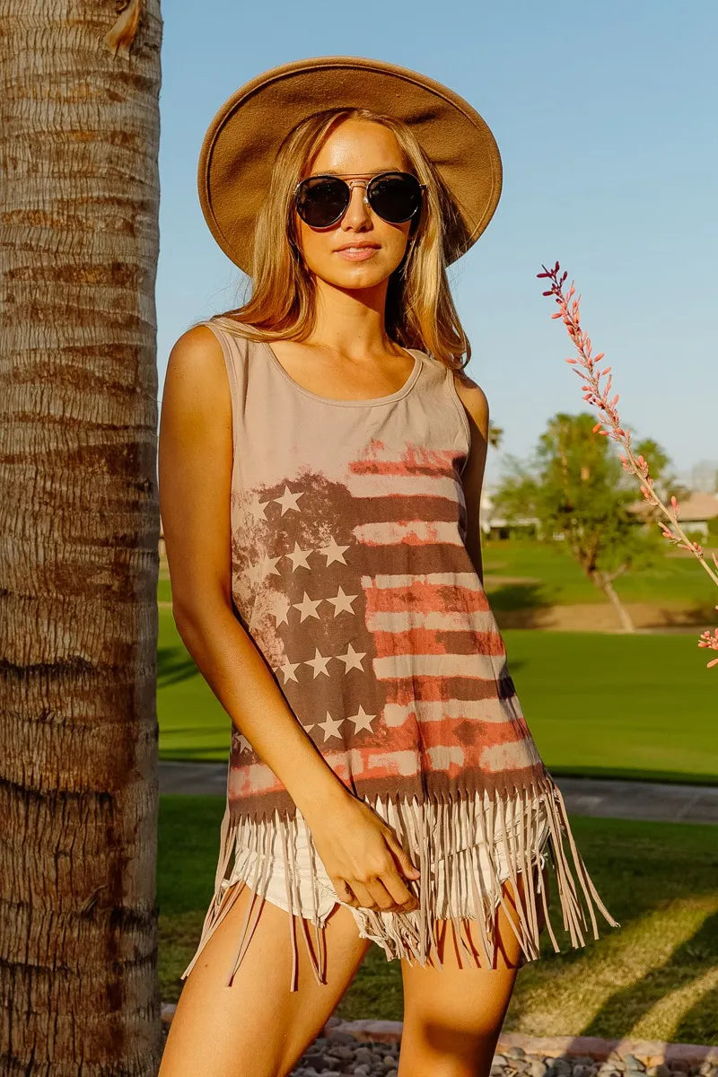 American flag fringe tank top for women with vintage flag graphic and fringe hem, perfect for summer outings.