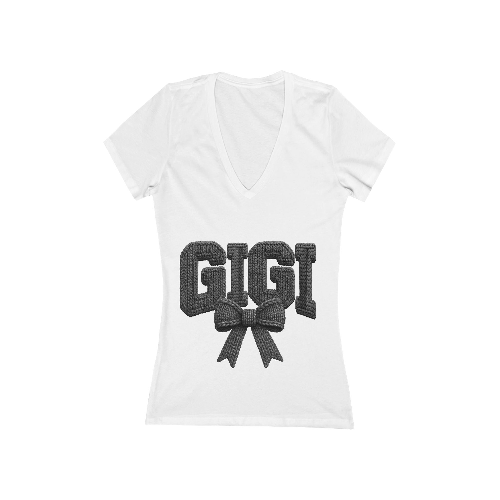 Gigi V-Neck Tee — Retro Knit Lettering with Bow | Gift for Grandmothers & New Grandmas