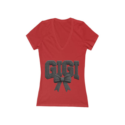 Gigi V-Neck Tee — Retro Knit Lettering with Bow | Gift for Grandmothers &amp; New Grandmas
